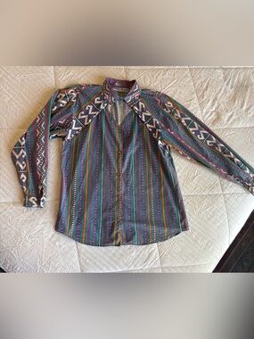Vintage Adobe Rose Western Shirt Women S Teal  Striped Print Southwestern Cowboy